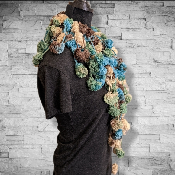 Handmade Fluffy Scarf by me!! Super Soft Puff Balls Green Aqua Blue Brown - Picture 8 of 12